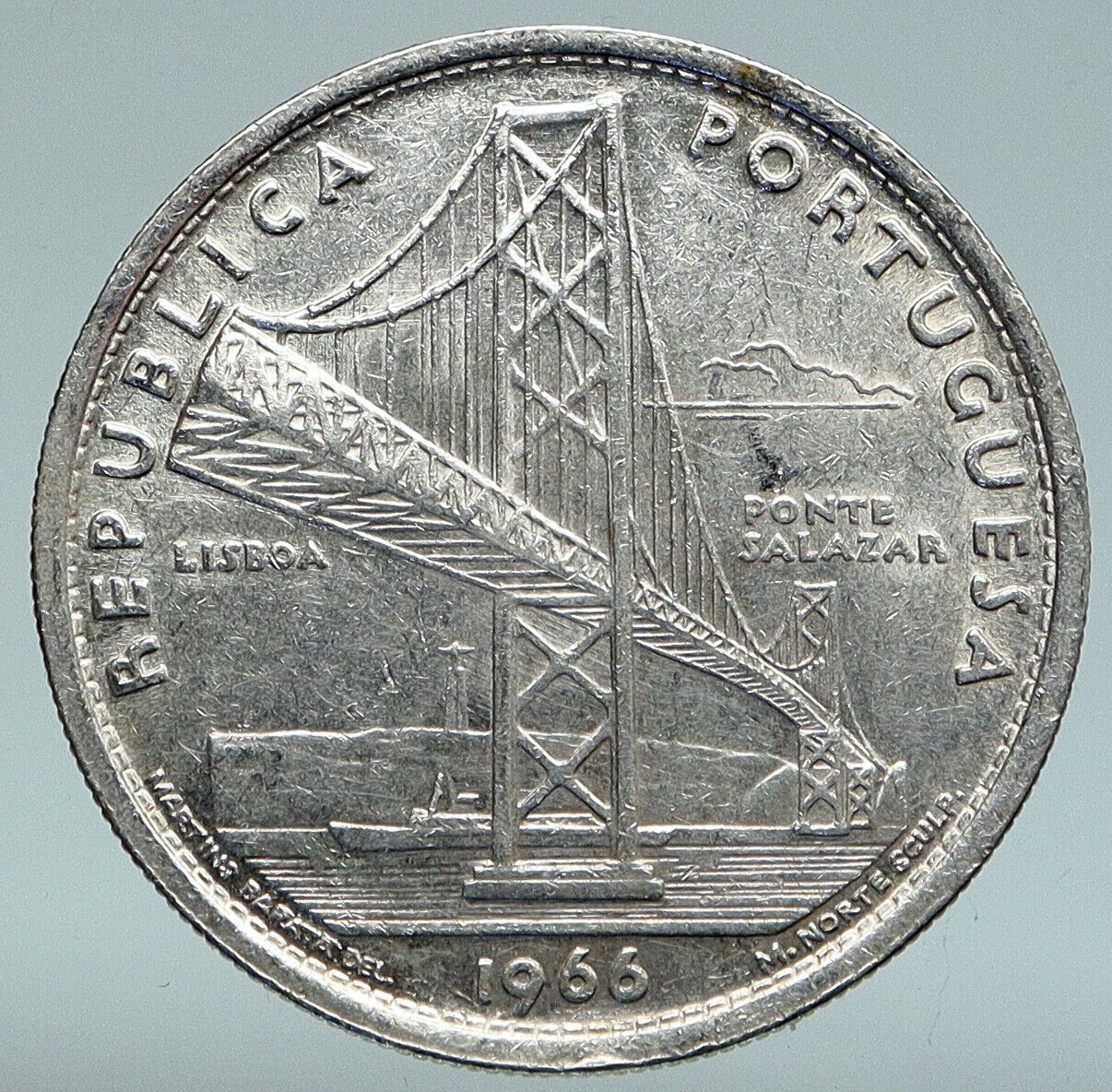 1966 PORTUGAL w Opening of SALAZAR BRIDGE Antique Silver 20 Escudos Coin i89366