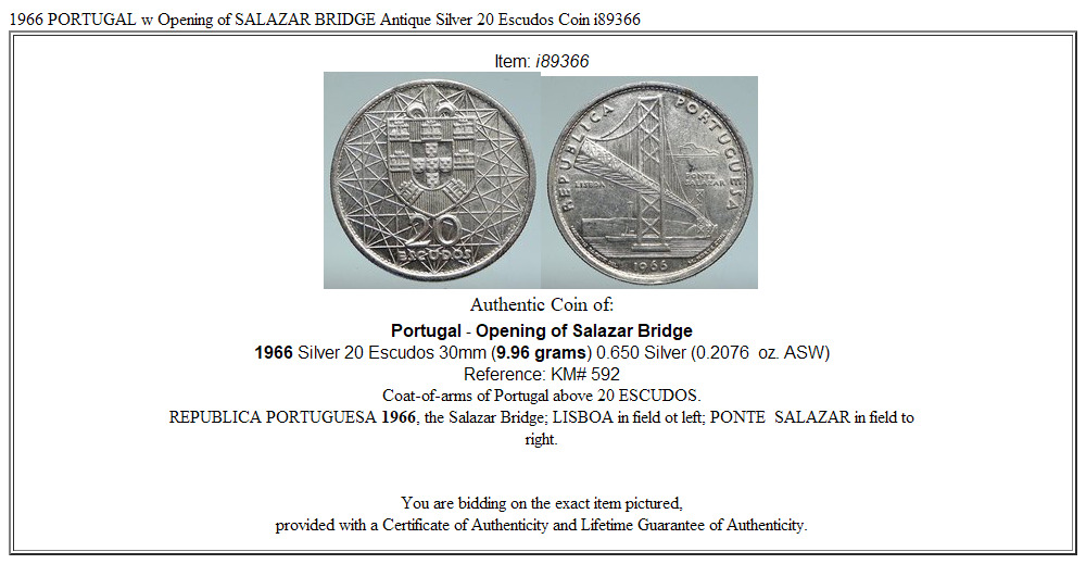 1966 PORTUGAL w Opening of SALAZAR BRIDGE Antique Silver 20 Escudos Coin i89366