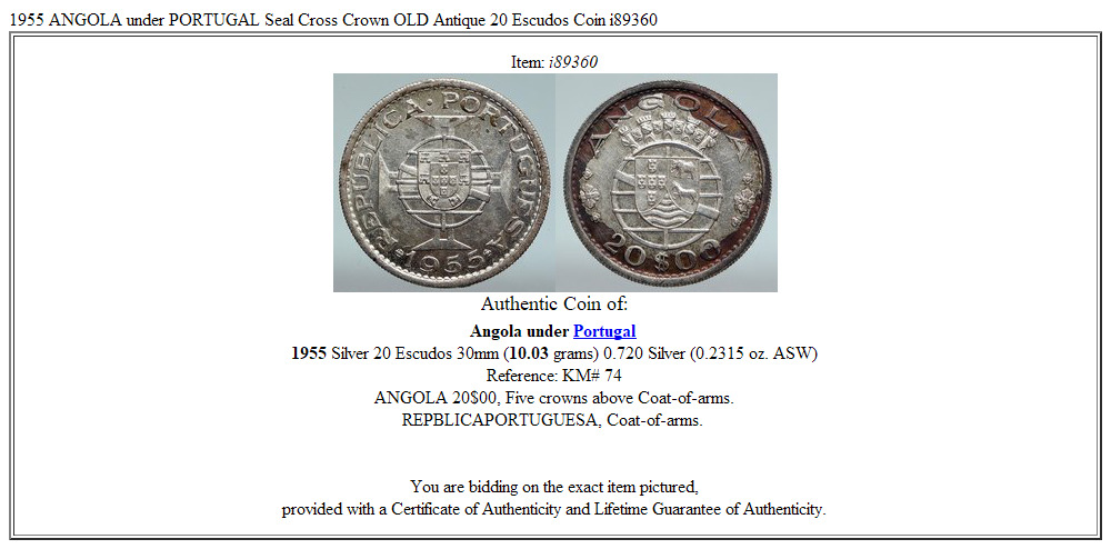 1955 ANGOLA under PORTUGAL Seal Cross Crown OLD Antique 20 Escudos Coin i89360