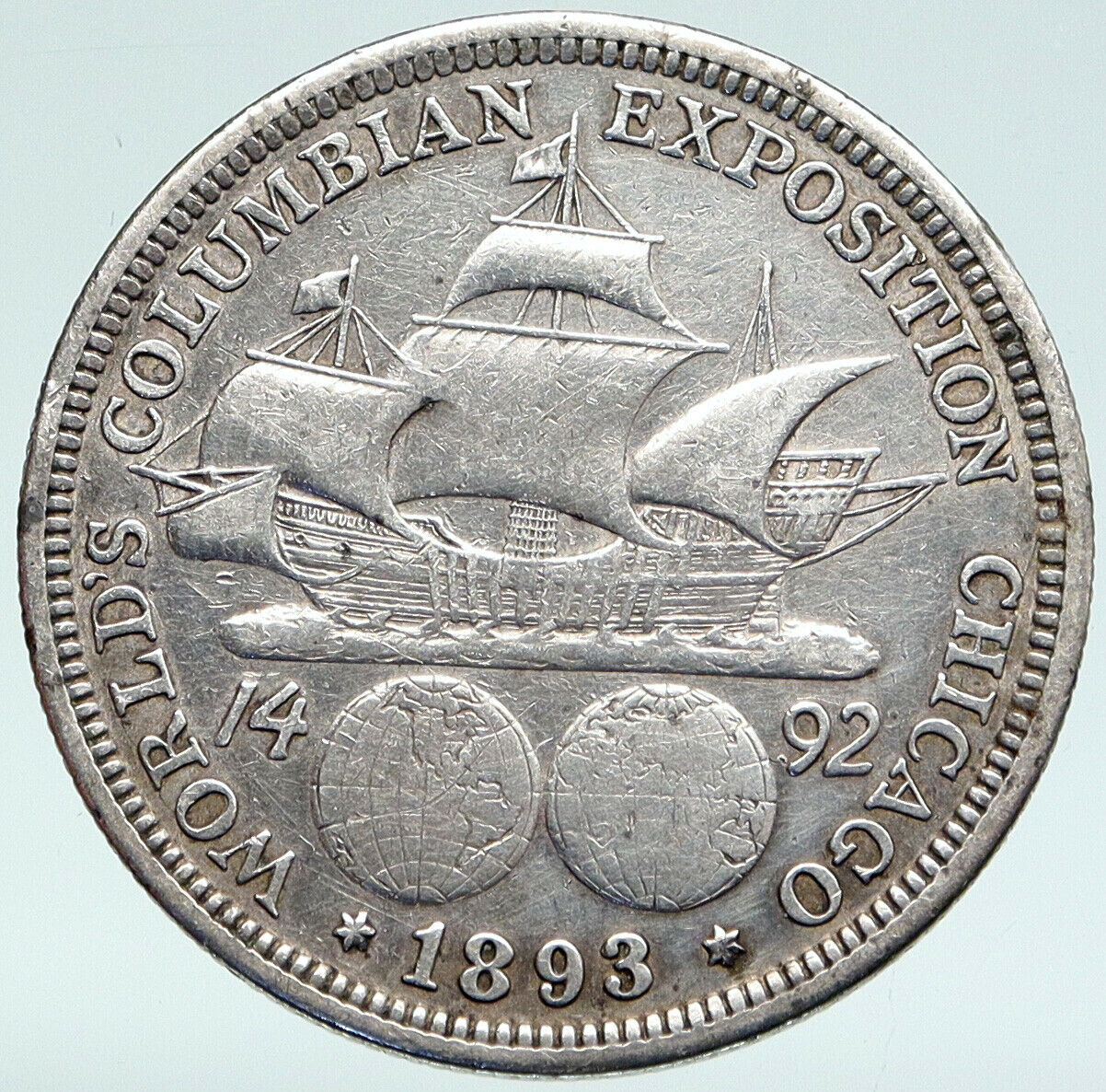 1893 USA COLUMBUS World's Fair SANTA MARIA SHIP Silver Half Dollar Coin i89372