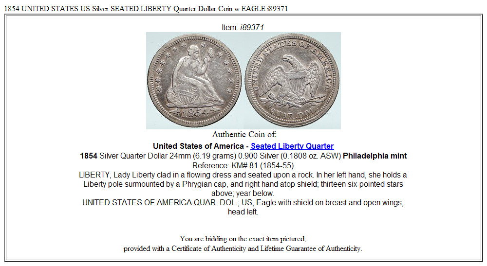 1854 UNITED STATES US Silver SEATED LIBERTY Quarter Dollar Coin w EAGLE i89371