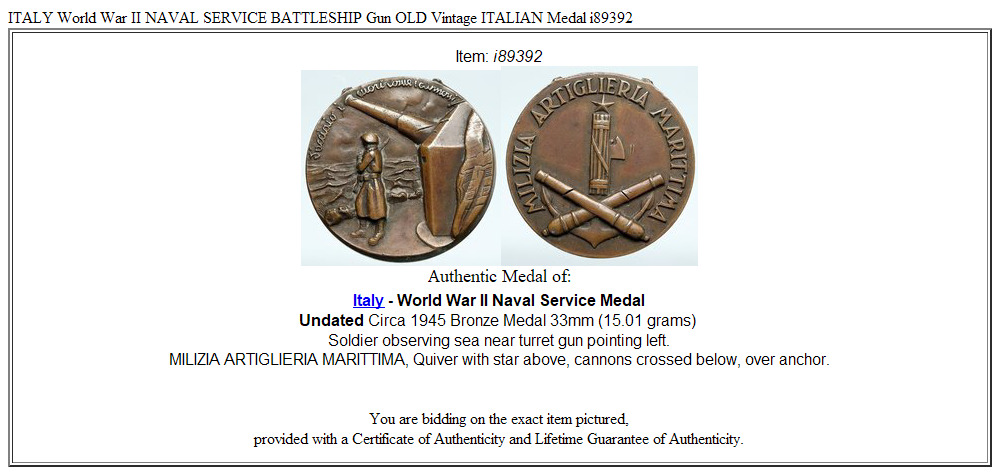 ITALY World War II NAVAL SERVICE BATTLESHIP Gun OLD Vintage ITALIAN Medal i89392