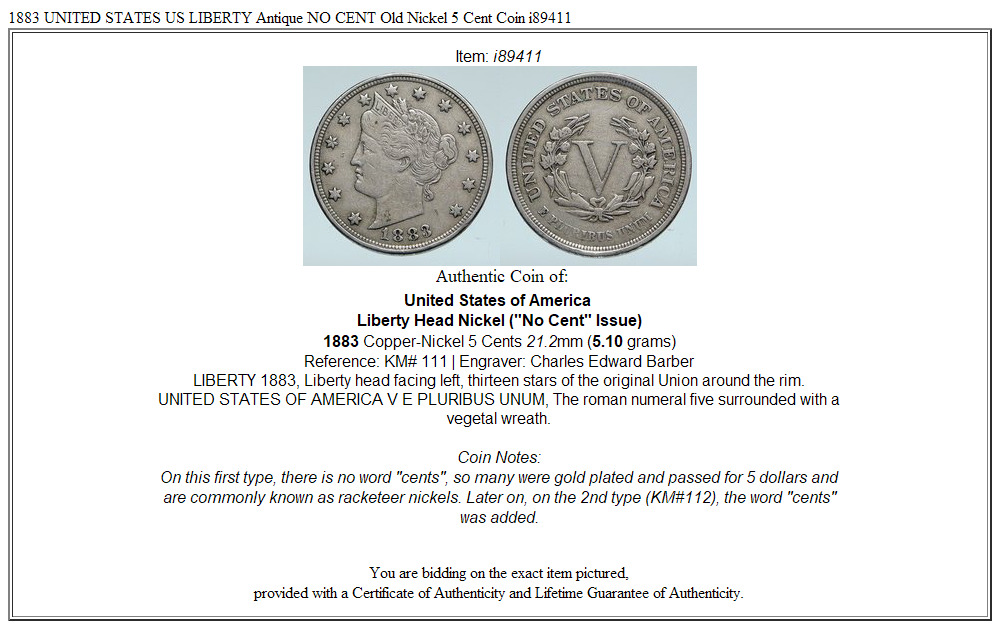 1883 UNITED STATES US LIBERTY Antique NO CENT Old Nickel 5 Cent Coin i89411