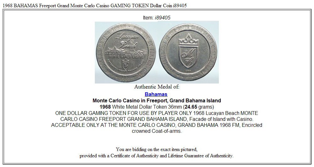 1968 BAHAMAS Freeport Grand Monte Carlo Casino GAMING TOKEN Dollar Coin i89405