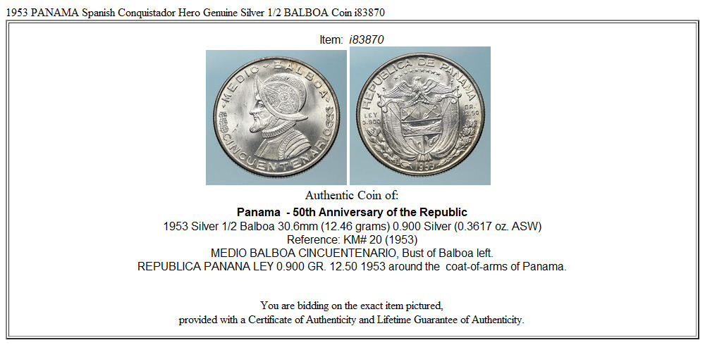 1953 PANAMA Spanish Conquistador Hero Genuine Silver 1/2 BALBOA Coin i83870