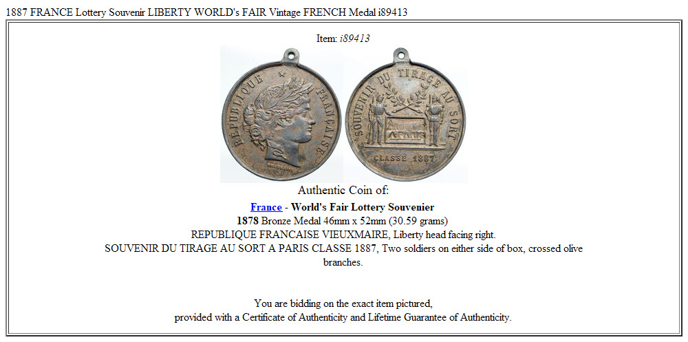 1887 FRANCE Lottery Souvenir LIBERTY WORLD's FAIR Vintage FRENCH Medal i89413