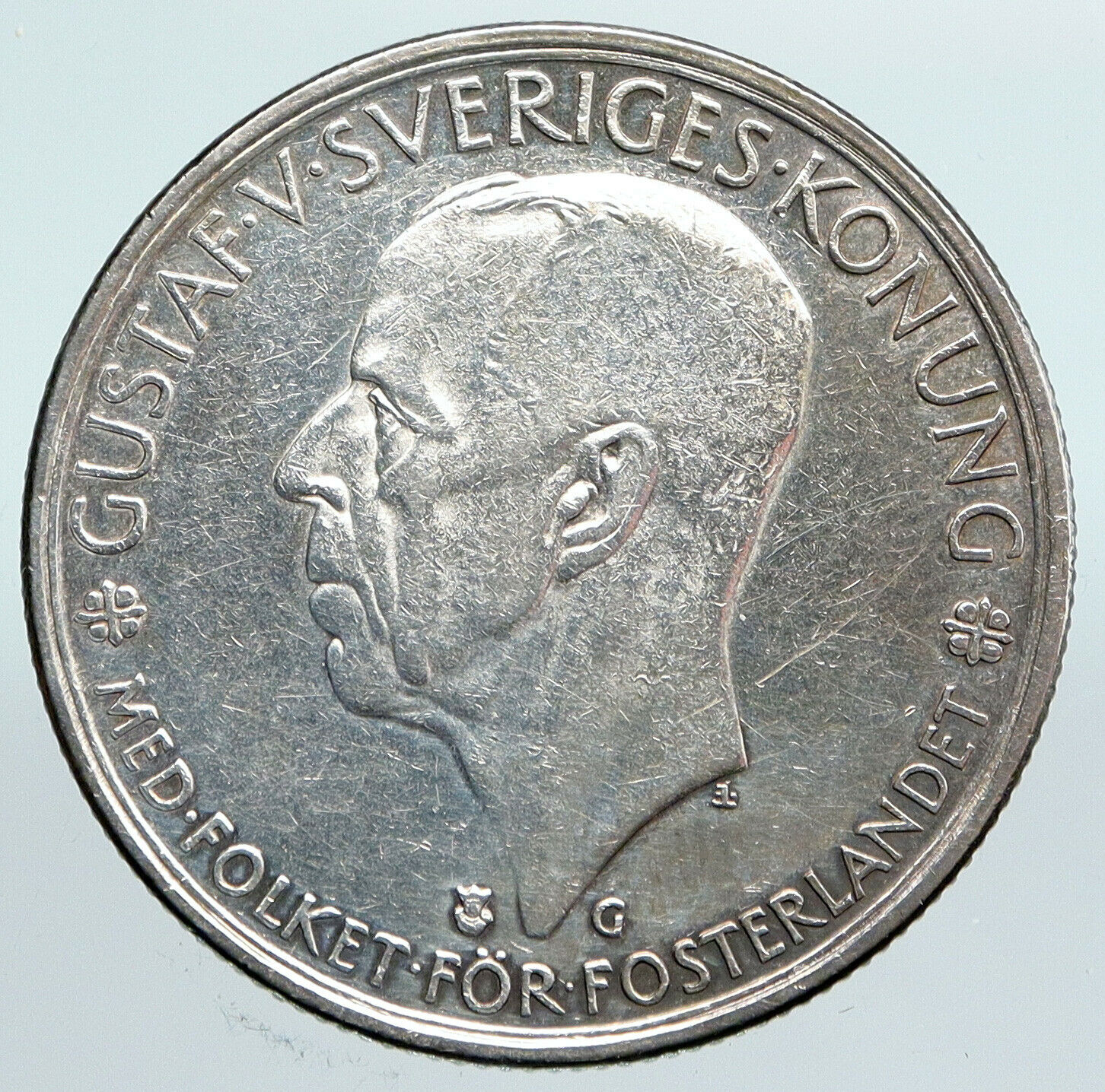 1935 SWEDEN King GUSTAF V Silver Crowned ARMS Antique Vintage 5 KR Coin i90031