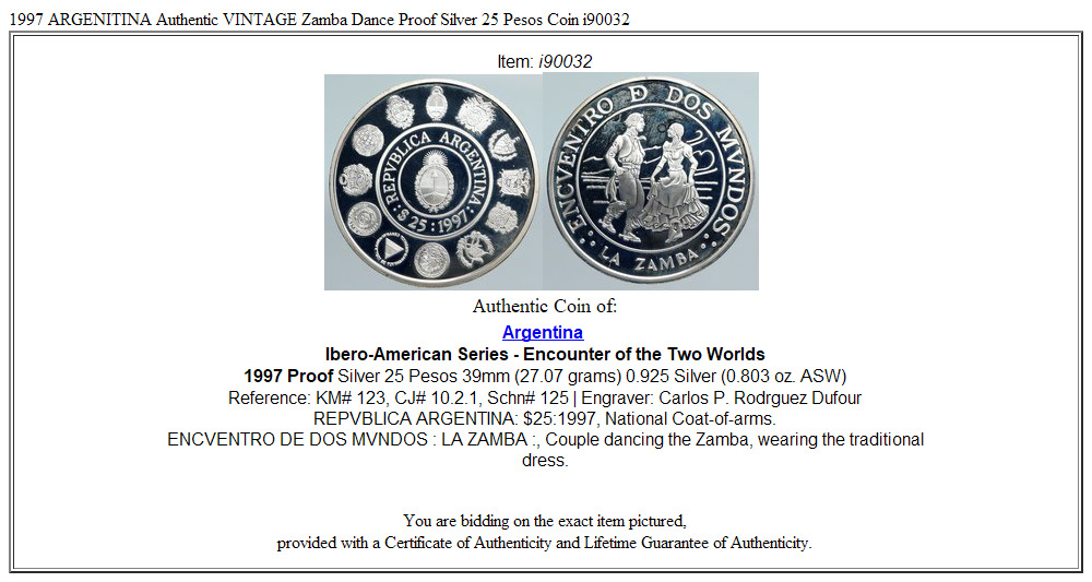 1997 ARGENITINA Authentic VINTAGE Zamba Dance Proof Silver 25 Pesos Coin i90032