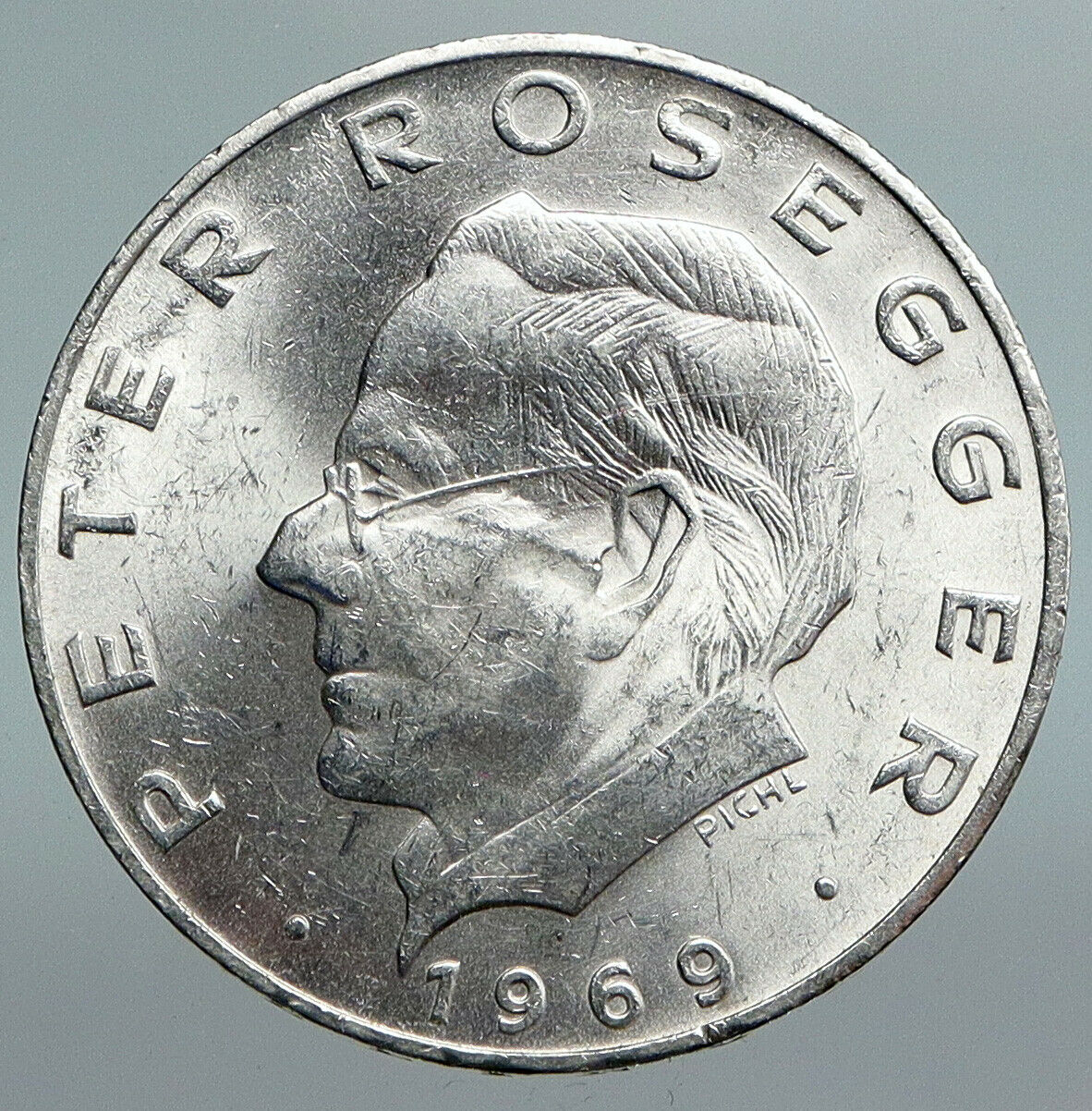 1969 AUSTRIA Poet Writer Peter Rosegger Antique Silver 25 Schilling Coin i90069