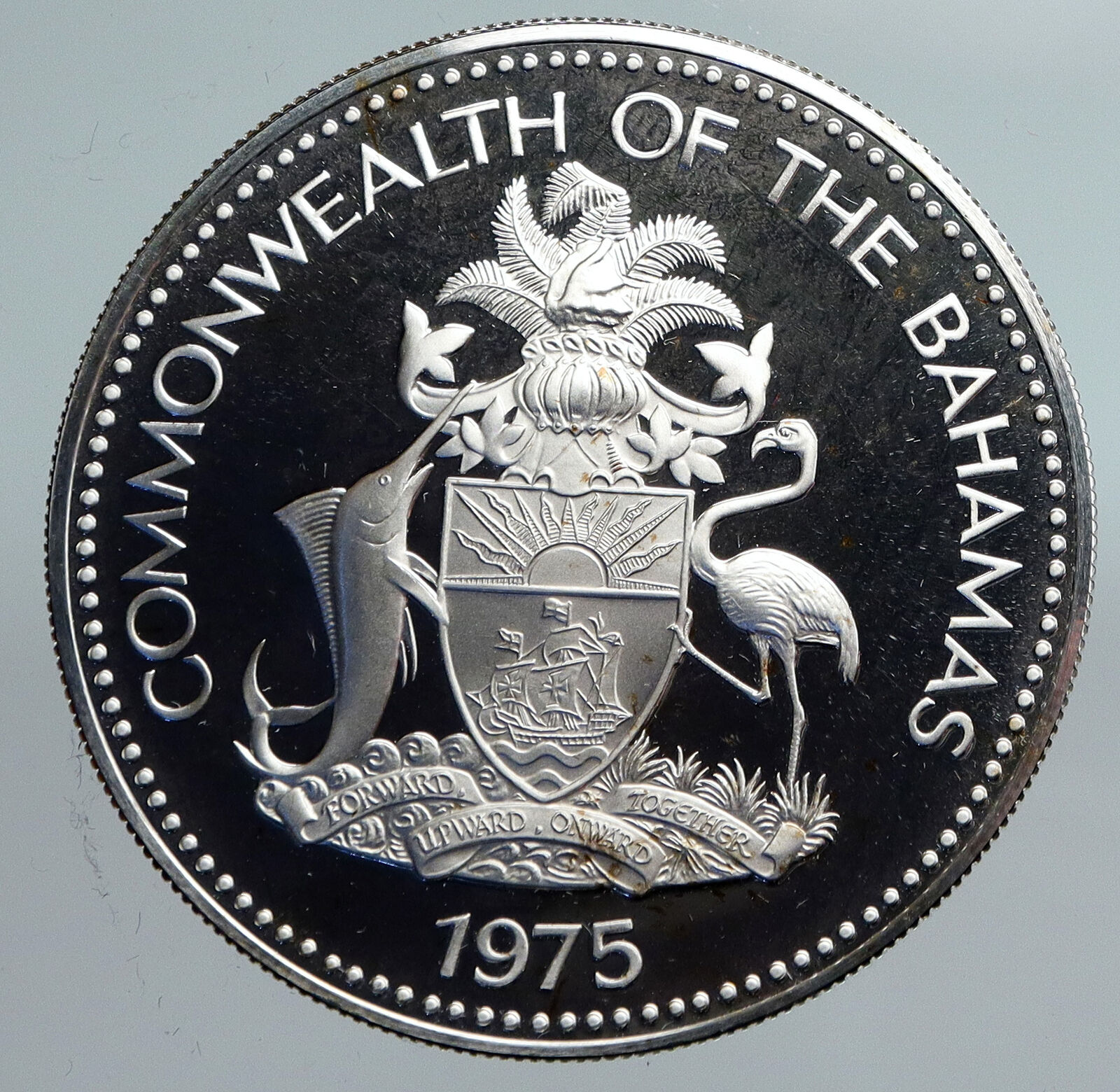 1975 BAHAMAS UK Queen Elizabeth II FLAG Proof Silver Coin 5 Dollars Coin i90068