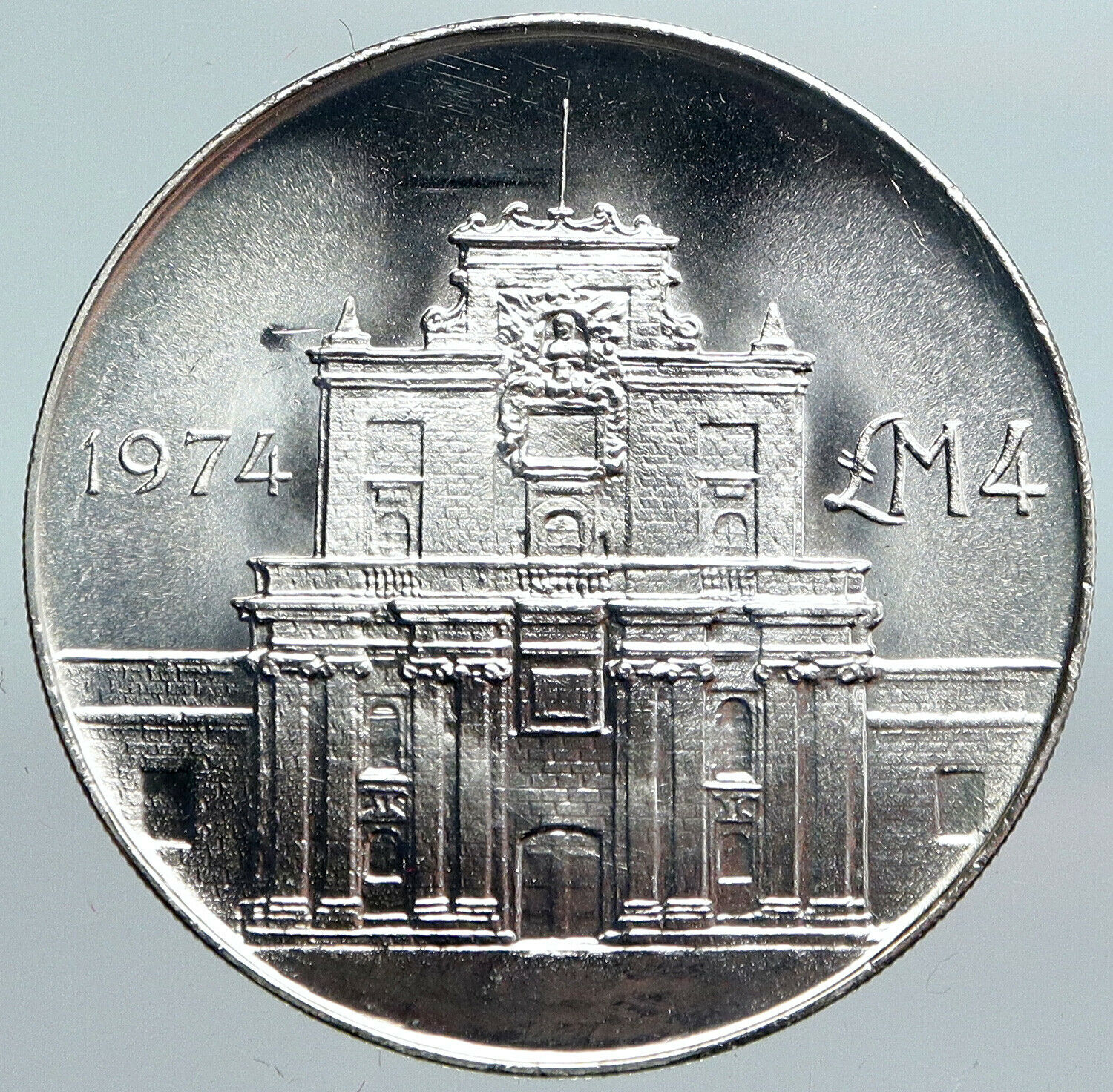 1974 MALTA Cottonera NOTRE DAME GATE Vintage Silver 4 Liri Maltese Coin i90083