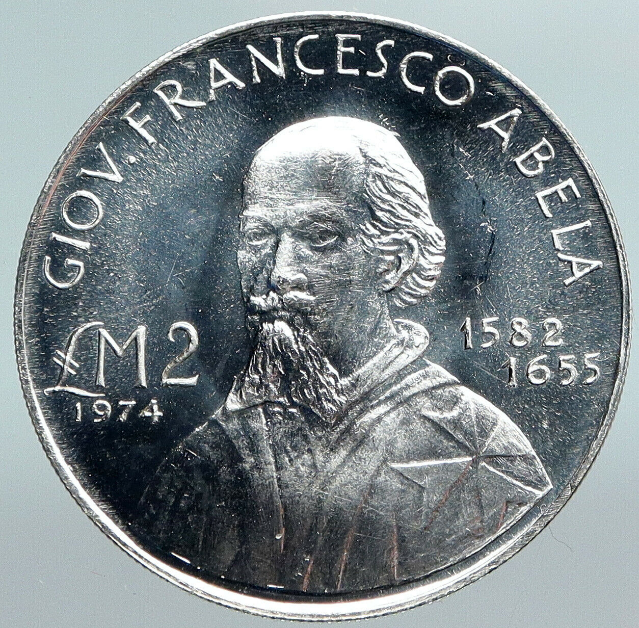 1974 MALTA Author Francesco Abela VINTAGE Old PROOF Silver 2 Liri Coin i90085