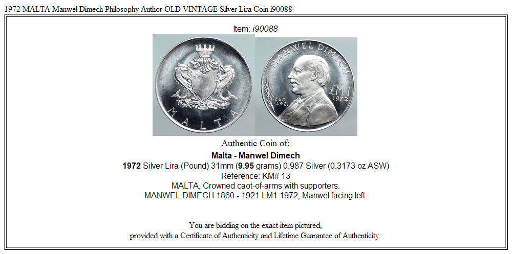 1972 MALTA Manwel Dimech Philosophy Author OLD VINTAGE Silver Lira Coin i90088