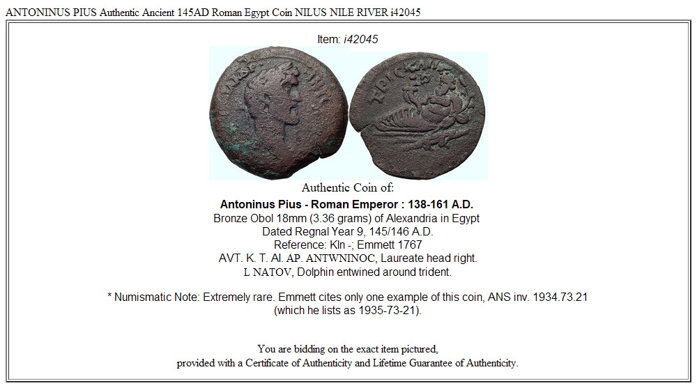 ANTONINUS PIUS Authentic Ancient 145AD Roman Egypt Coin NILUS NILE RIVER i42045