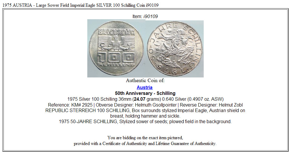 1975 AUSTRIA - Large Sower Field Imperial Eagle SILVER 100 Schilling Coin i90109