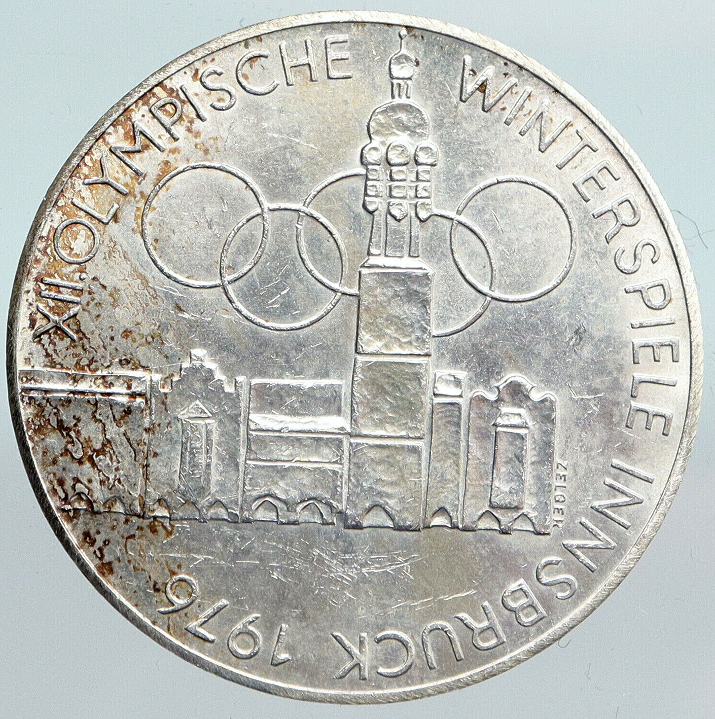 1976 Innsbruck Buildings WINTER Olympic Games AUSTRIA Large SILVER Coin i90106