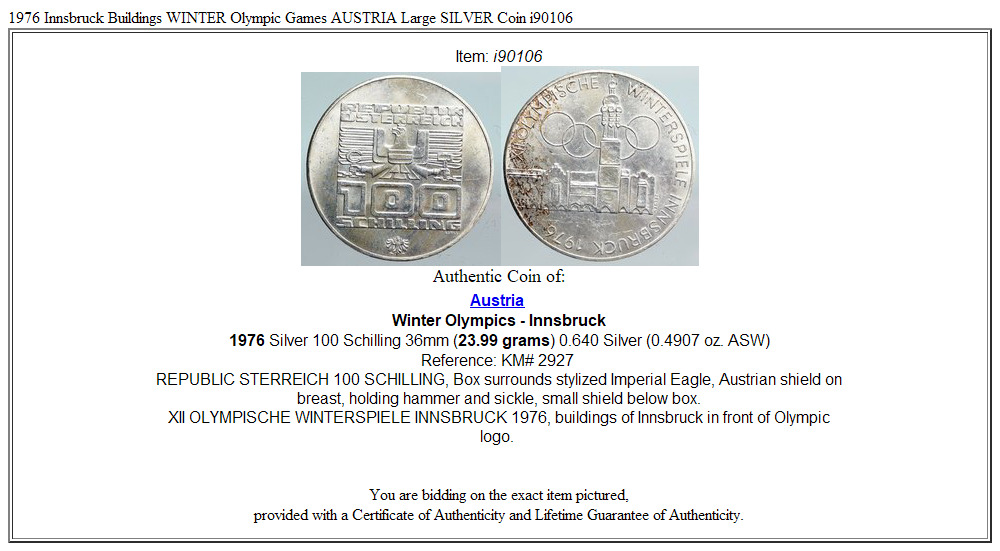 1976 Innsbruck Buildings WINTER Olympic Games AUSTRIA Large SILVER Coin i90106