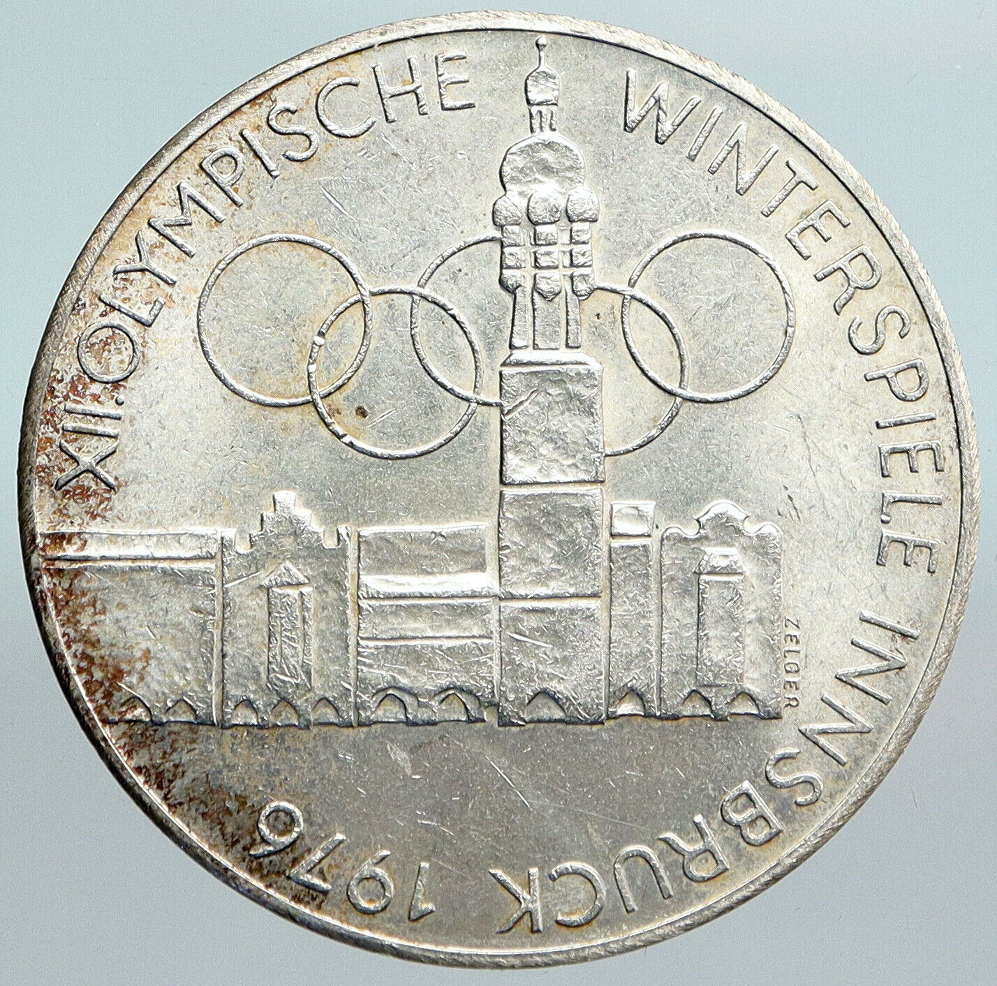 1976 Innsbruck Buildings WINTER Olympic Games AUSTRIA Large SILVER Coin i90097