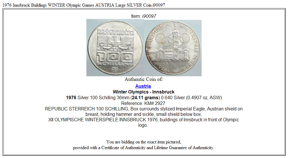 1976 Innsbruck Buildings WINTER Olympic Games AUSTRIA Large SILVER Coin i90097