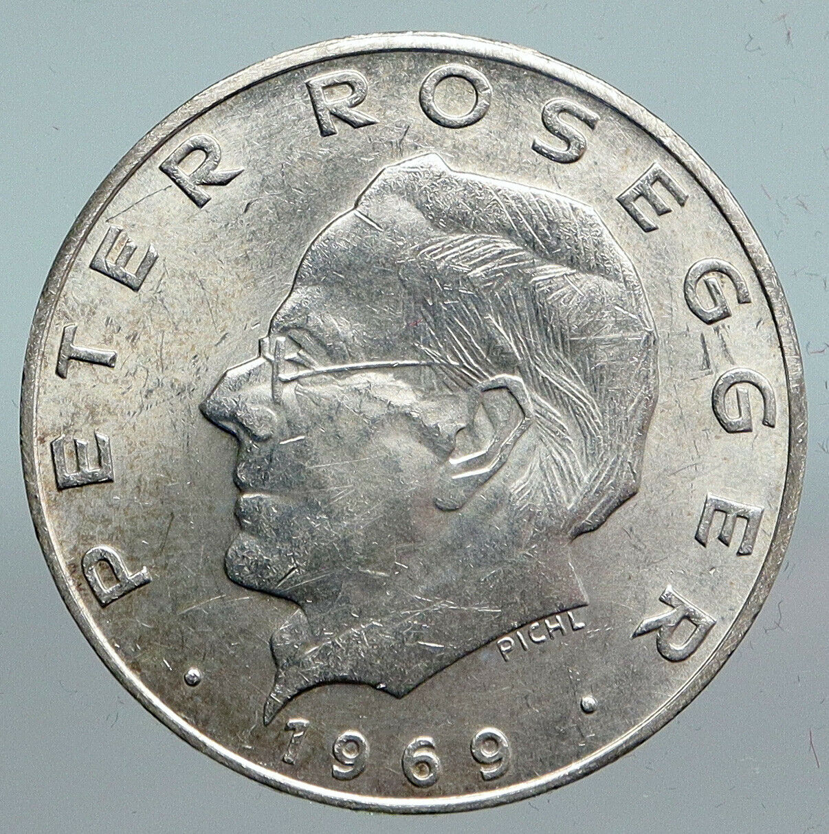 1969 AUSTRIA Poet Writer Peter Rosegger Antique Silver 25 Schilling Coin i90136