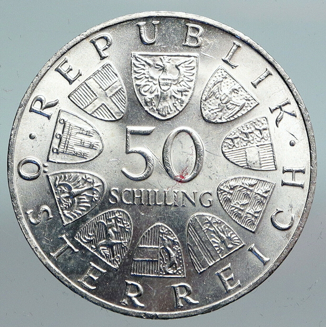 1966 AUSTRIA w National Bank Building Silver 50 Shillings Austrian Coin i90122