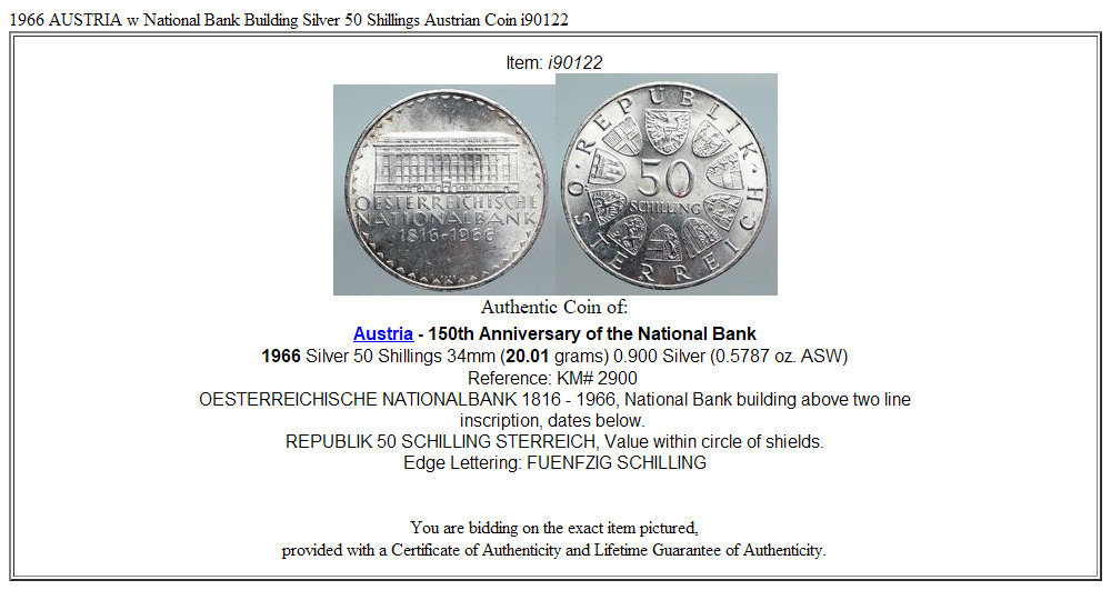 1966 AUSTRIA w National Bank Building Silver 50 Shillings Austrian Coin i90122