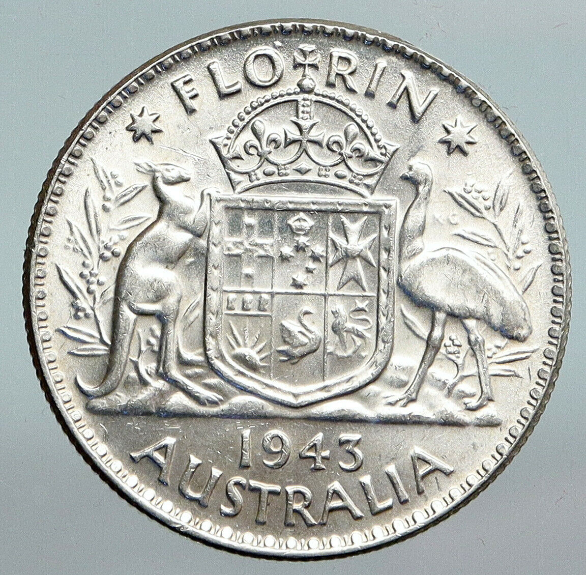 1943 AUSTRALIA Large King George VI Kangaroos Antique Silver Florin Coin i90192