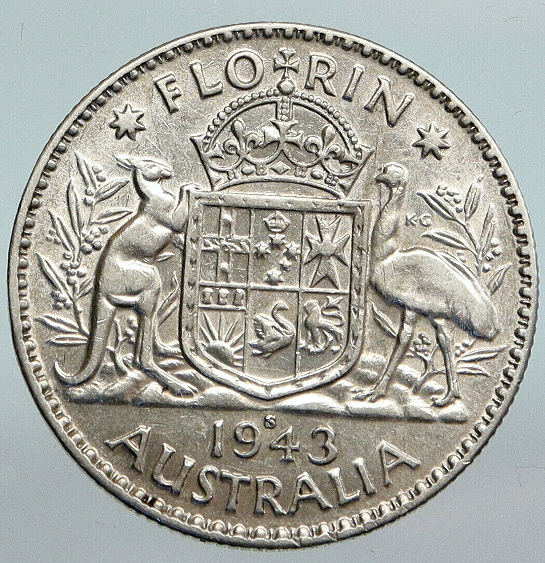 1943 AUSTRALIA Large King George VI Kangaroos Antique Silver Florin Coin i90188