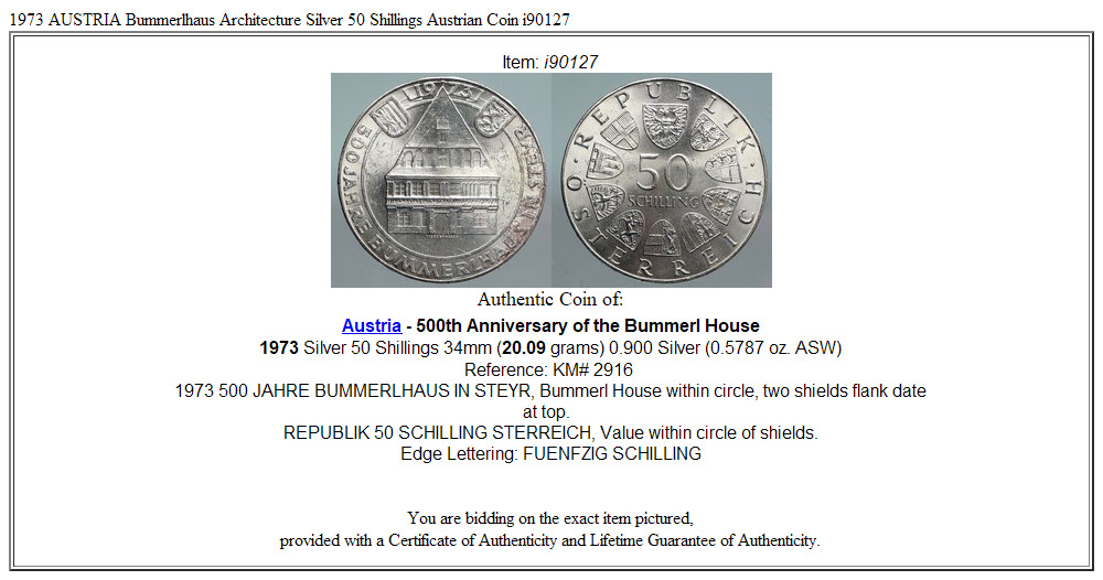 1973 AUSTRIA Bummerlhaus Architecture Silver 50 Shillings Austrian Coin i90127