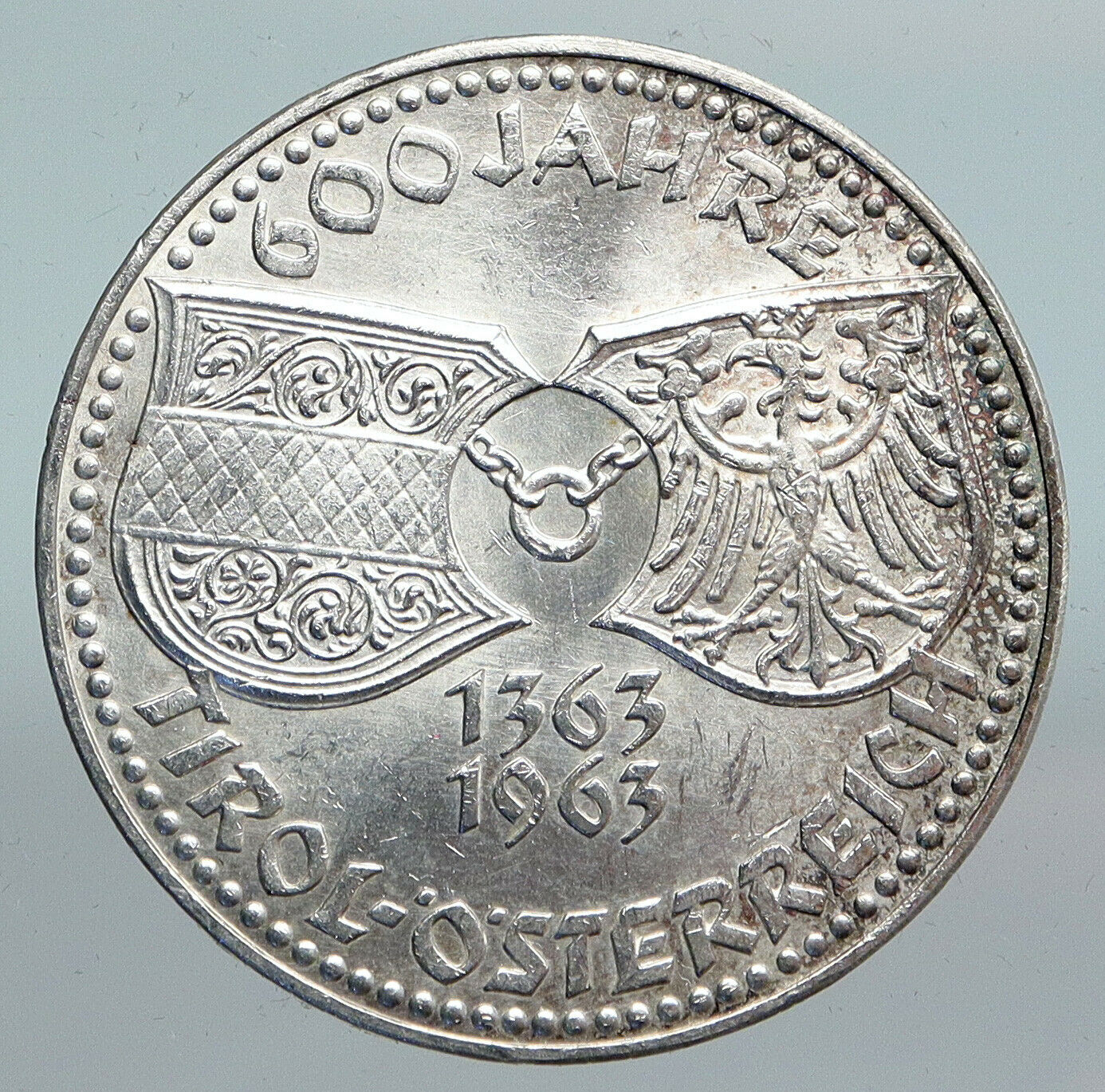 1963 AUSTRIA Tyrol and Austrian Shields ANTIQUE Silver 50 Shilling Coin i90126