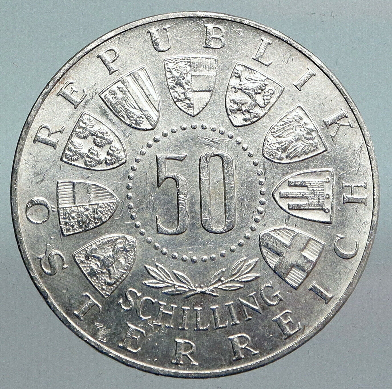 1963 AUSTRIA Tyrol and Austrian Shields ANTIQUE Silver 50 Shilling Coin i90126