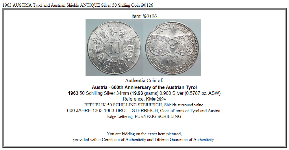 1963 AUSTRIA Tyrol and Austrian Shields ANTIQUE Silver 50 Shilling Coin i90126