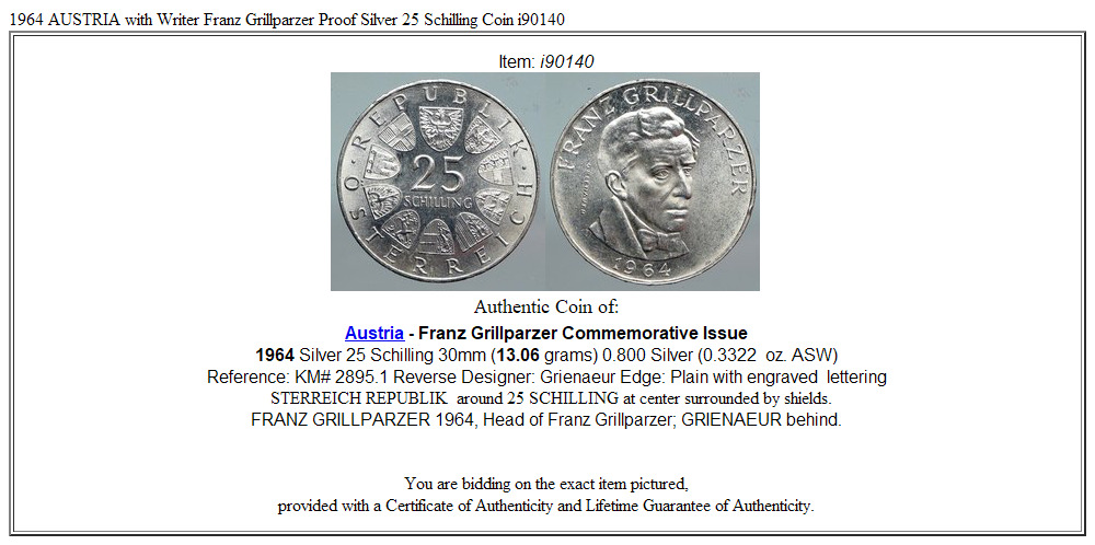 1964 AUSTRIA with Writer Franz Grillparzer OLD Silver 25 Schilling Coin i90140