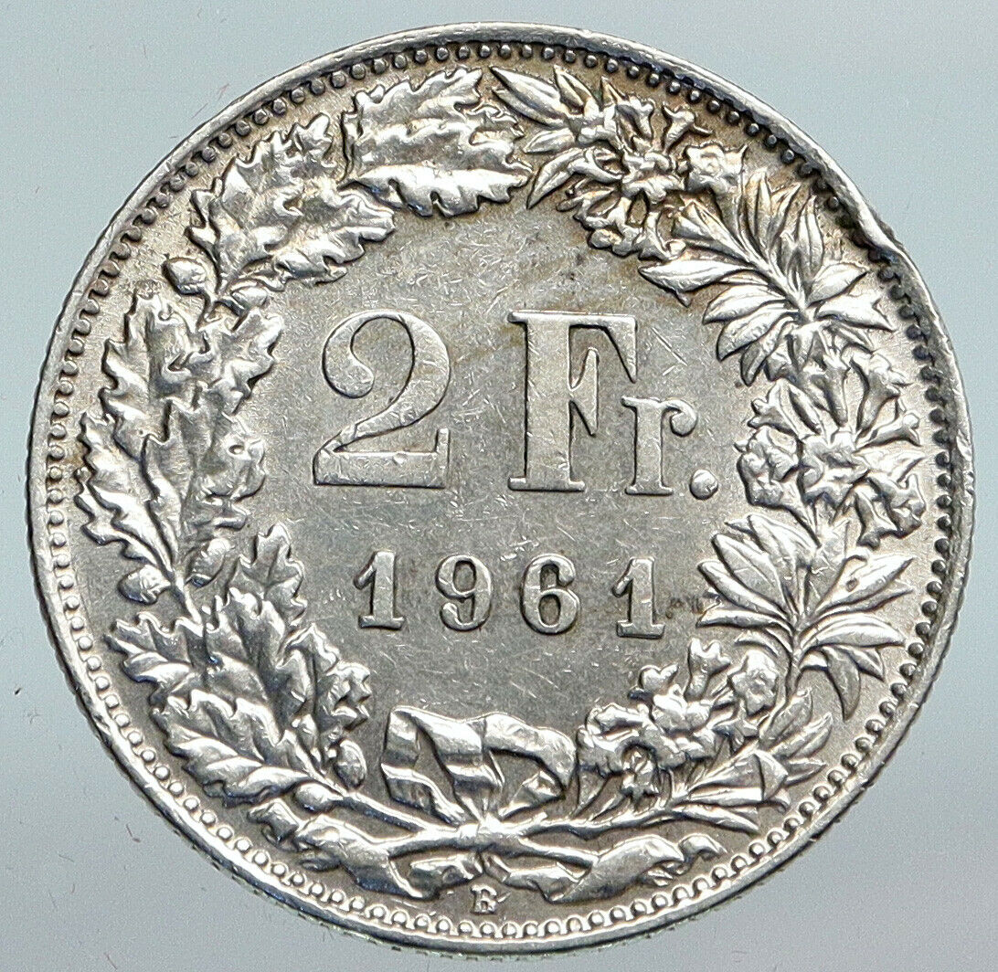 1961 SWITZERLAND - SILVER 2 Francs Coin HELVETIA Symbolizes SWISS Nation i90182