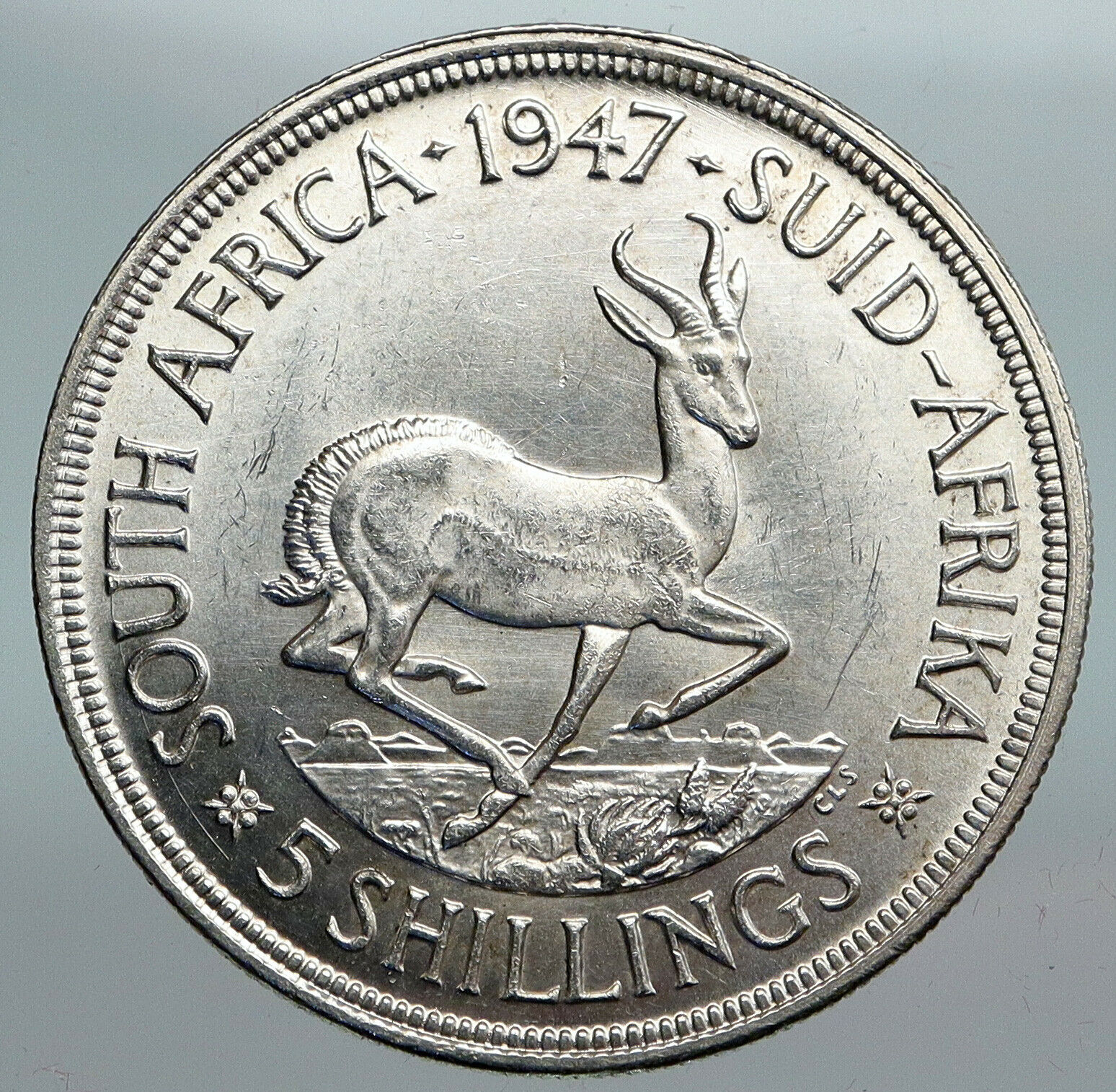 1947 SOUTH AFRICA George VI SPRINGBOK Deer Silver 5 Shillings LARGE Coin i90179