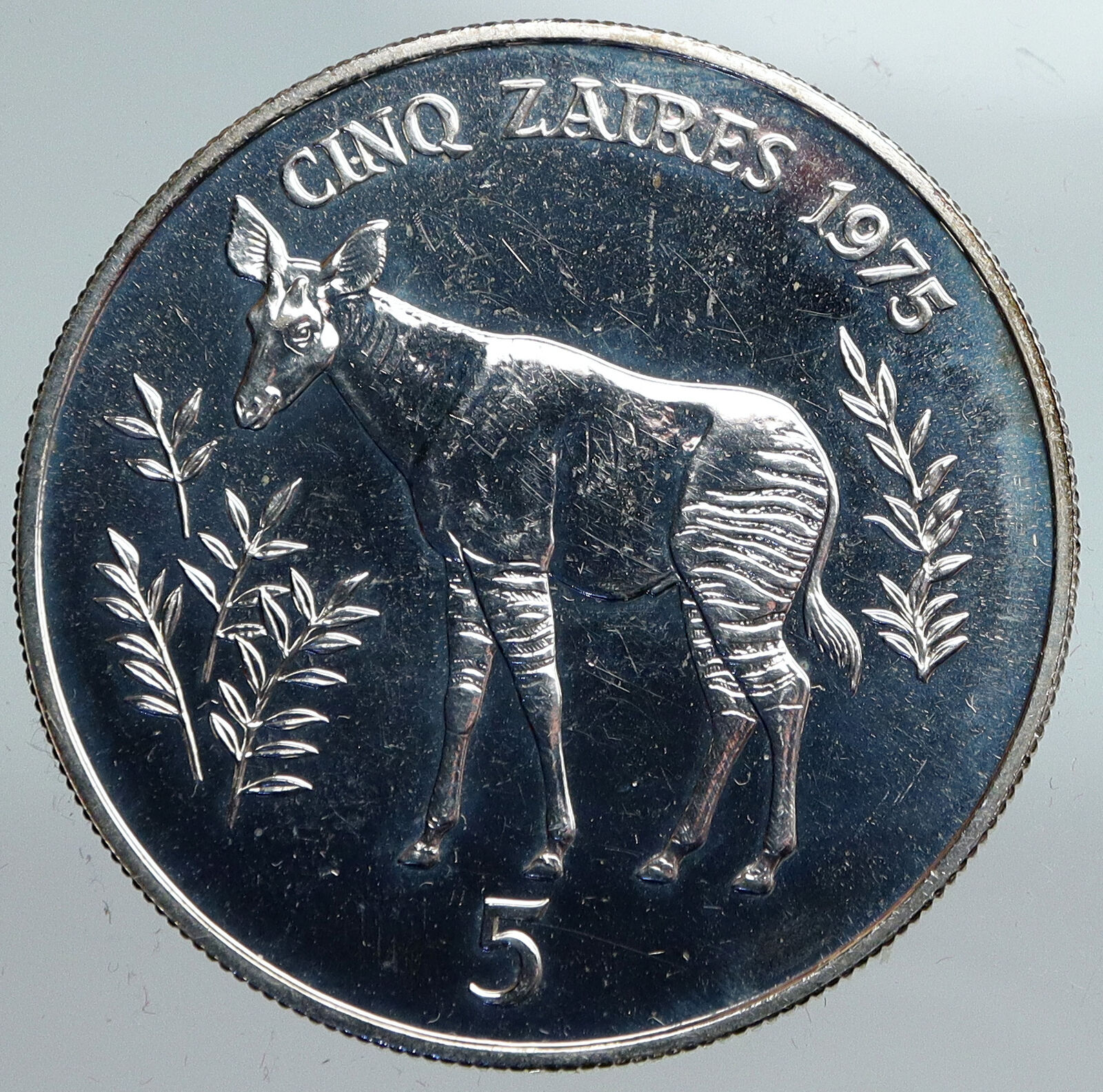 1975 ZAIRE CONGO Mobuto CONSERVATION Animal Proof Silver 5 Zaires Coin i90185