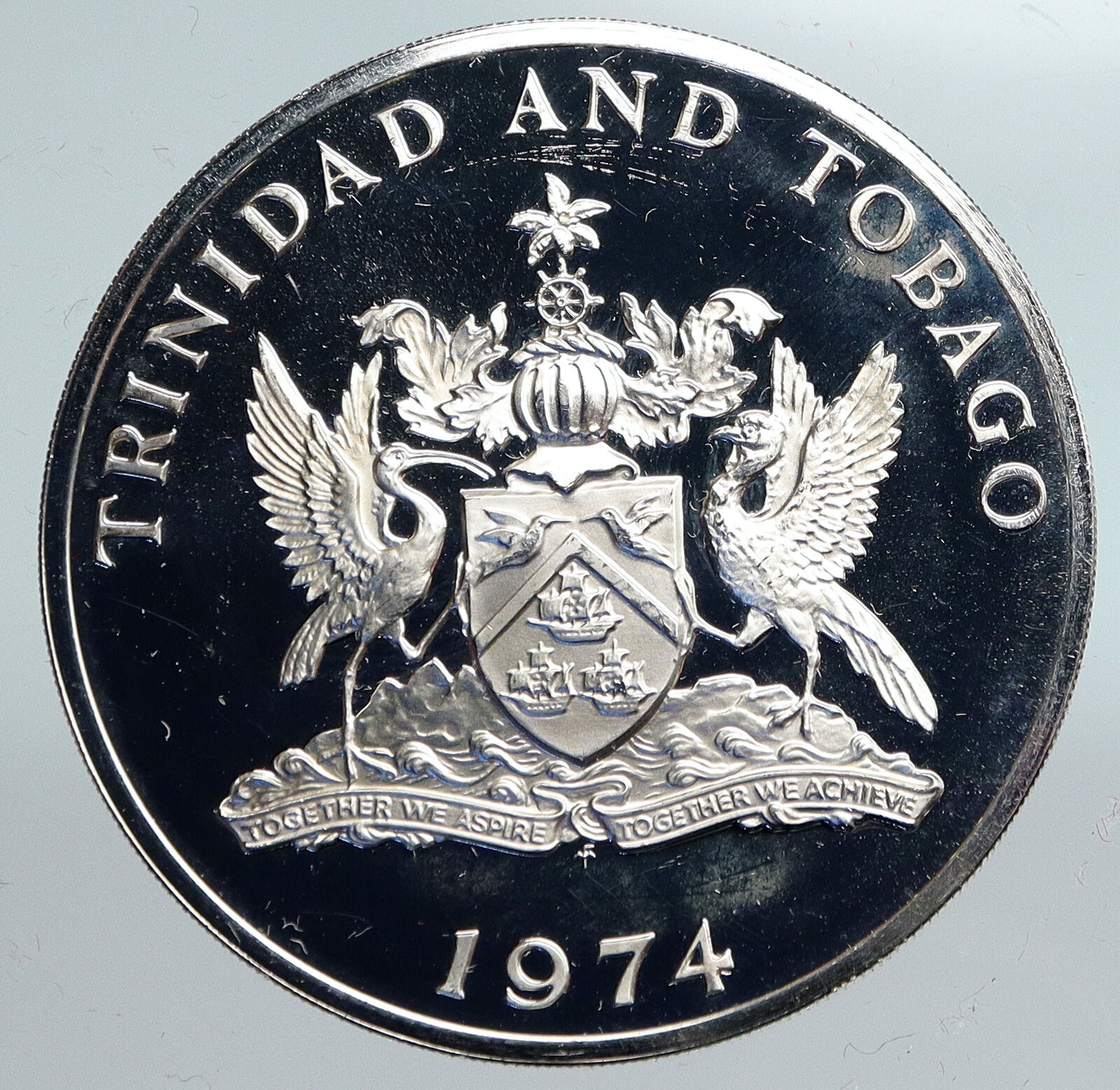 1974 TRINIDAD and TOBAGO Islands Large Vintage OLD Proof Silver $10 Coin i90166