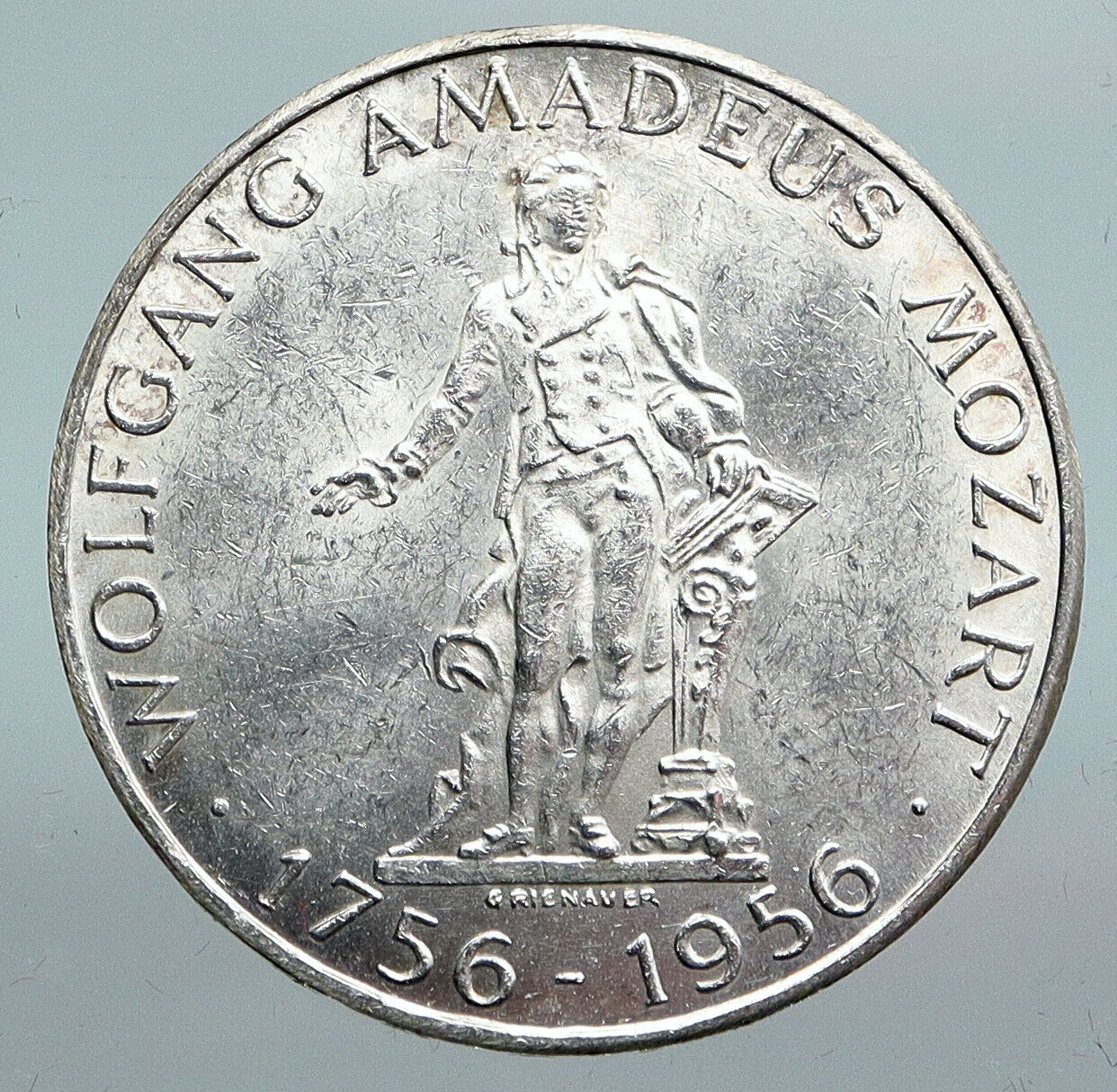 1956 AUSTRIA w Composer Musician Mozart Antique Silver 25 Schilling Coin i90150