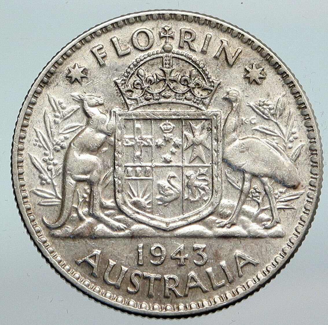 1943 AUSTRALIA Large King George VI Kangaroos Antique Silver Florin Coin i90283