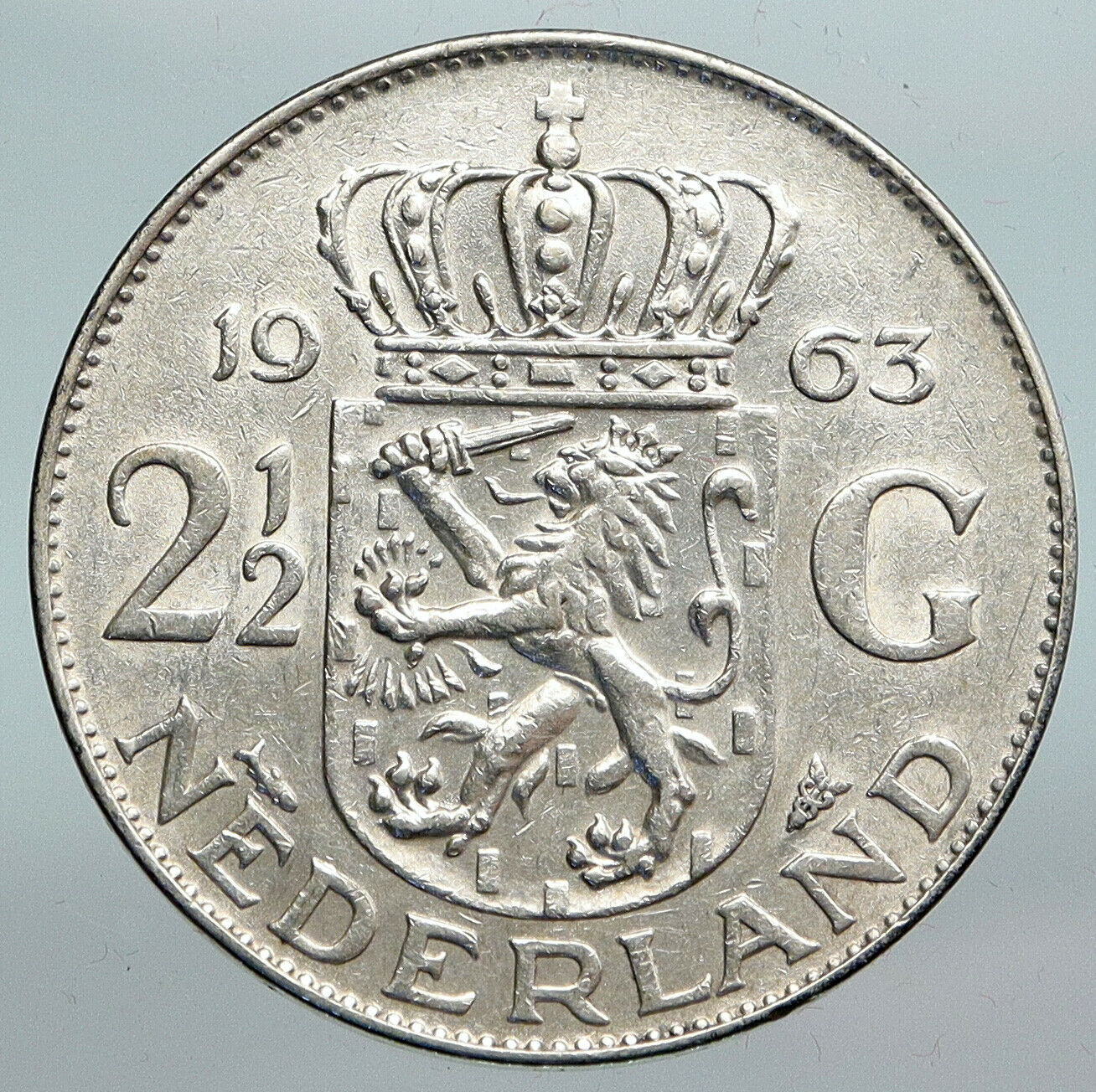 1963 Netherlands Kingdom Queen JULIANA Vintage Silver 2 1/2 Gulden Coin i90294