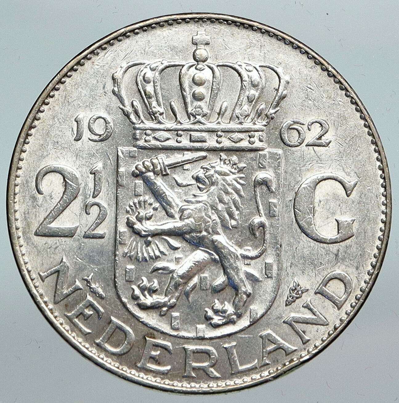 1962 Netherlands Kingdom Queen JULIANA Vintage Silver 2 1/2 Gulden Coin i90293