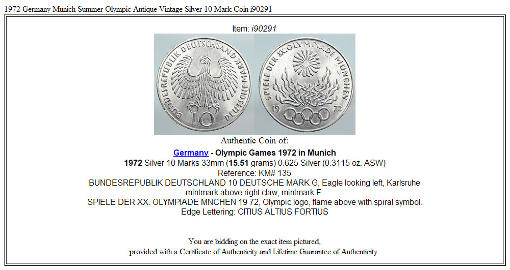 1972 Germany Munich Summer Olympic Antique Vintage Silver 10 Mark Coin i90291