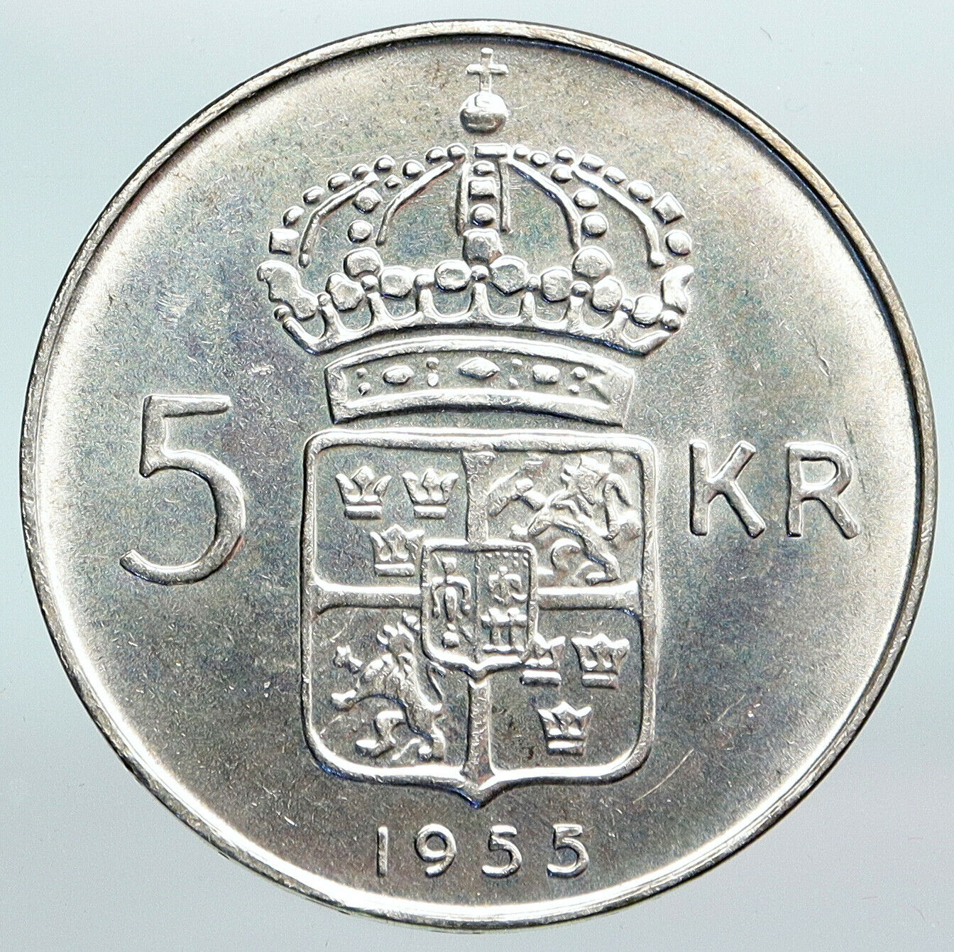 1955 Sweden KING GUSTAF VI Crowned ARMS Vintage OLD Silver 5 Kroner Coin i90210