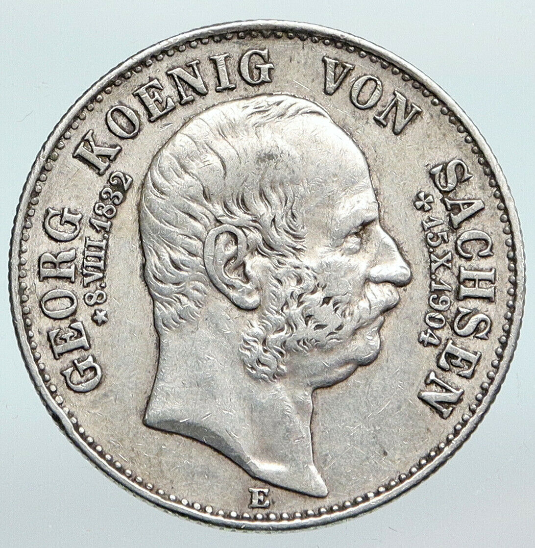 1904E GERMAN STATES Saxony King GEORGE Vintage ANTIQUE Silver 2 Mark Coin i90211