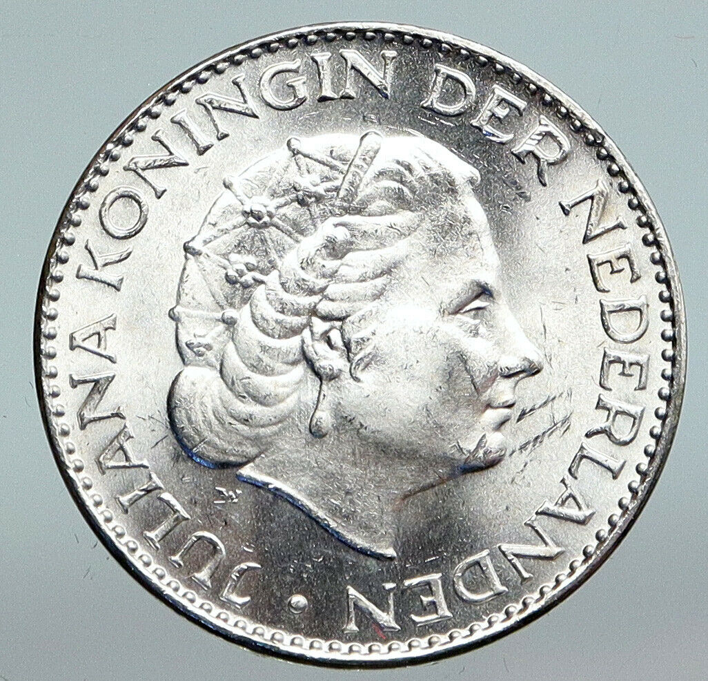 1965 NETHERLANDS Kingdom Queen JULIANA Vintage OLD Silver 1 Gulden Coin i90292