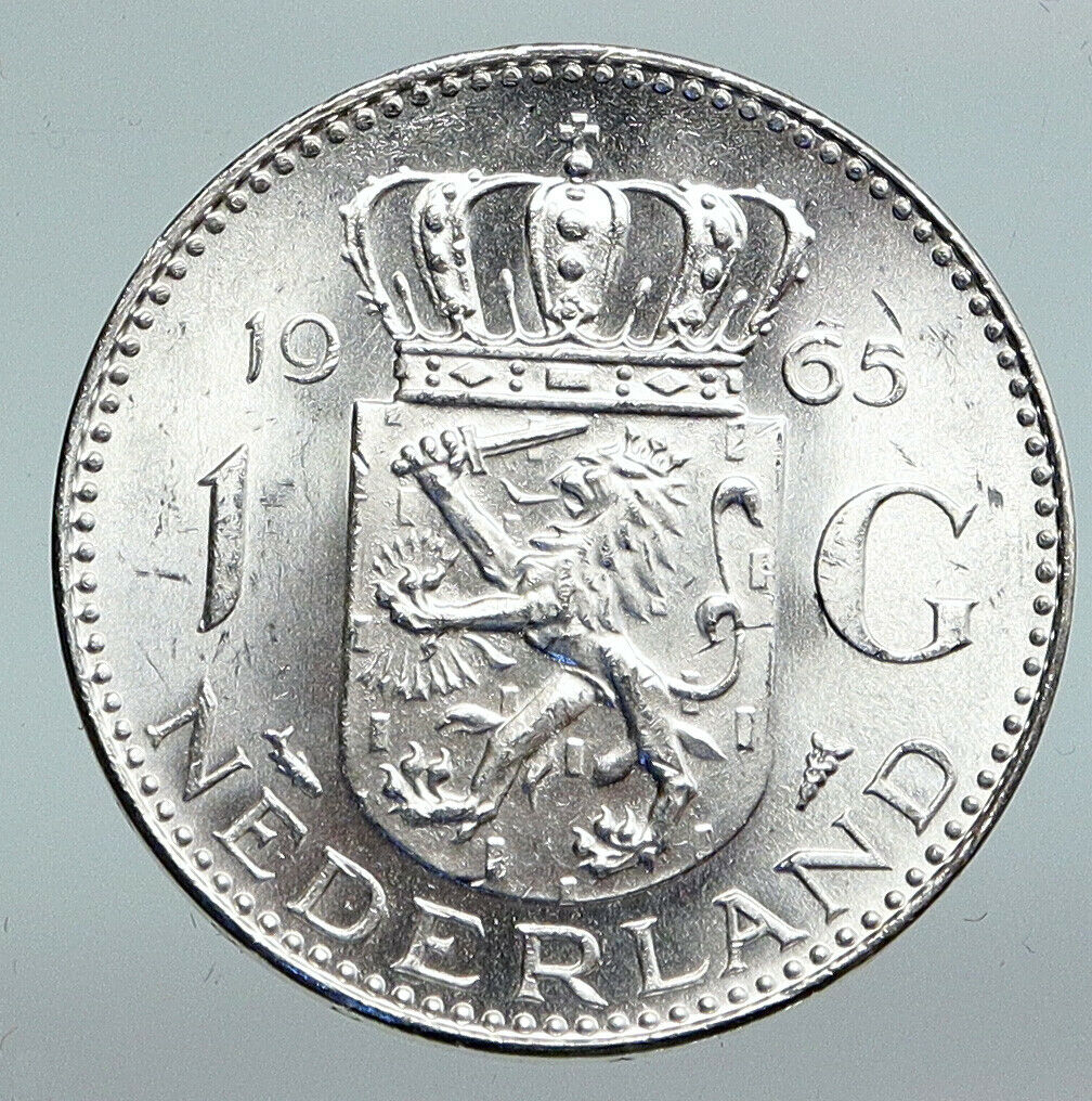 1965 NETHERLANDS Kingdom Queen JULIANA Vintage OLD Silver 1 Gulden Coin i90292