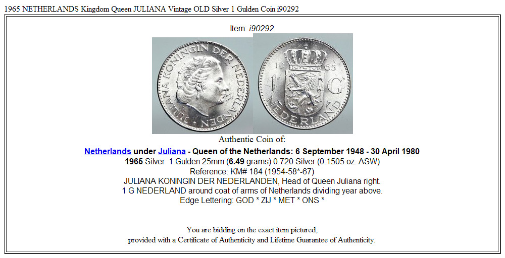 1965 NETHERLANDS Kingdom Queen JULIANA Vintage OLD Silver 1 Gulden Coin i90292