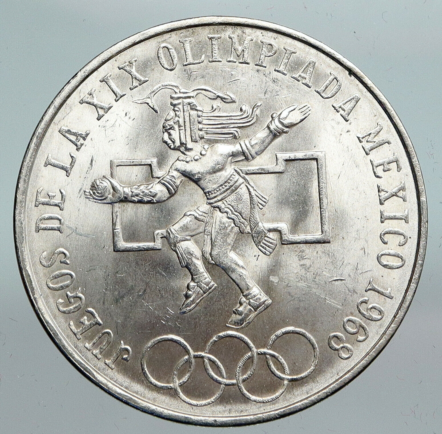 1968 Mexico XIX Olympic Games Aztec Ball Player BIG 25 Pesos Silver Coin i90295