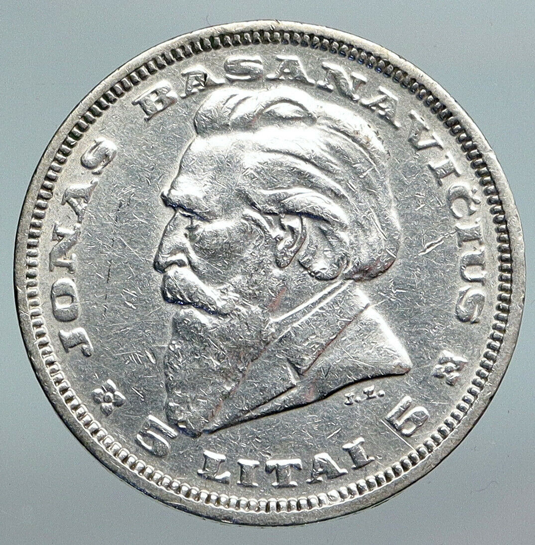 1936 LITHUANIA Silver 5 Litai JONAS BASANAVICIUS Vintage Lithuanian Coin i90219