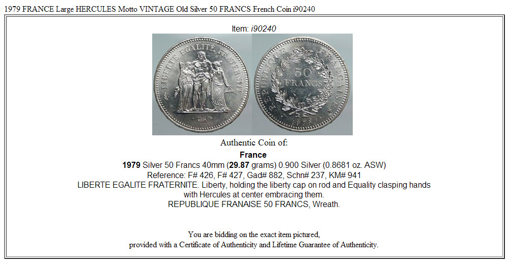 1979 FRANCE Large HERCULES Motto VINTAGE Old Silver 50 FRANCS French Coin i90240